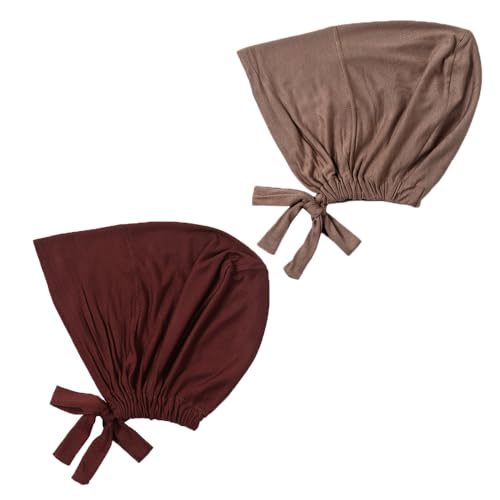 Women Under Scarf Hat Hijab Undercap Islamic Muslim Under Scarf Hijab Cap with Tie-Back Closure - color: Khaki+coffee