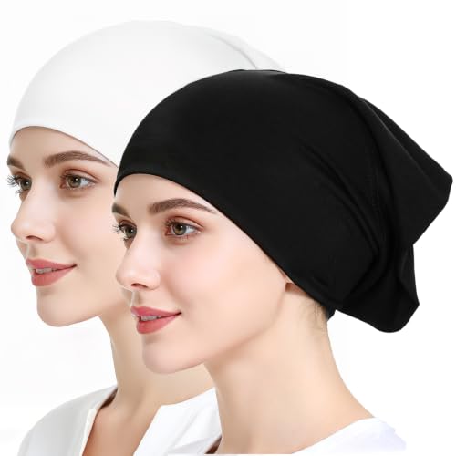 Sucrain 2PCS Under Scarf Hat Cap Islamic Muslim Hijab Headscarf Elastic Wide Headband Lightweight Hats Breathable Liner - color: Black+white