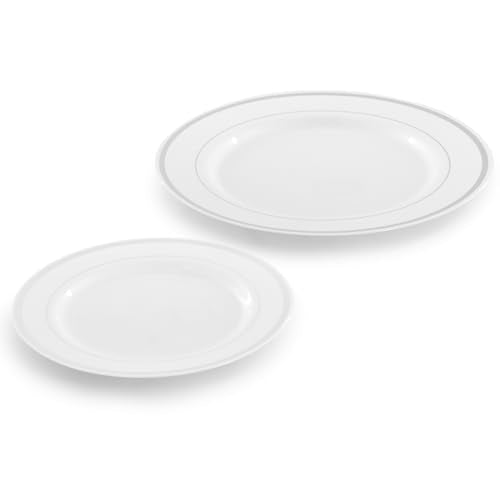 Elama 150 Piece Disposable Plastic Dinnerware Party Set for 25 Guests in White with Silver Trim - color: Silver