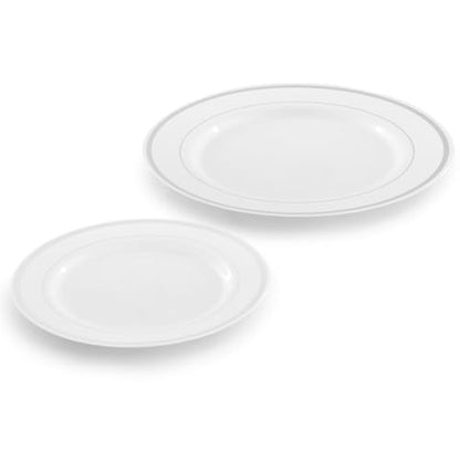 Elama 150 Piece Disposable Plastic Dinnerware Party Set for 25 Guests in White with Silver Trim - color: Silver
