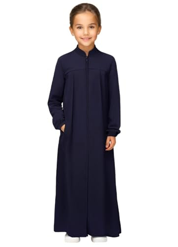 Girls Abaya Muslim Dress with Front Zipper 2 Pockets Dress Long Sleeve Solid Islamic Prayer Clothes for Kids - color: Blue, size: 7-8 Years