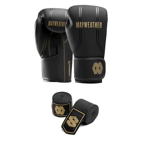 Hayabusa Mayweather Contender Boxing Gloves Kit for Men and Women - color: Black/Gold, size: 16oz