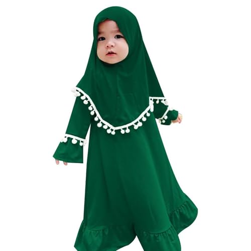 Newborn Girls Prayer Dress Cute Muslim Clothes for Toddler Baby Kids Long Sleeve Abaya with Hijab Two Piece Set - color: Green, size: 18-24 Months