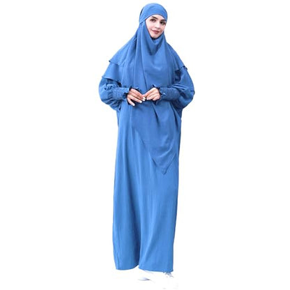 khalat Womens Muslim Prayer Dress Front Zipper Kaftan Islamic Robe Modest Solid Abayas for Women Muslim - color: Light Blue+hijab