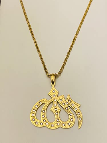 Allah Pendant Necklace – 14K Gold Finish Iced Out Religious Charm with Stainless Steel 3mm Rope Chain, Islamic Muslim Jewelry for Men & Women - size: 22" Necklace
