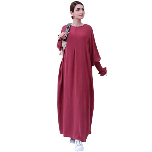khalat Womens Muslim Prayer Dress Front Zipper Kaftan Islamic Robe Modest Solid Abayas for Women Muslim - color: Dark Red