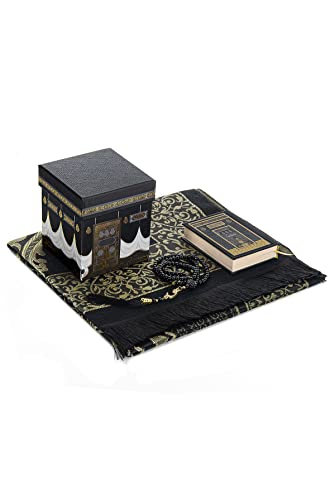 ihvan online, Prayer Rug Set with Mini Quran & Kaaba Cubic Gift Box, Prayer Beads Tasbih, Soft Sajadah, Namaz Mat, Islamic Gift for Eid, Ramadan, Hajj & Umrah, Black - color: Black
