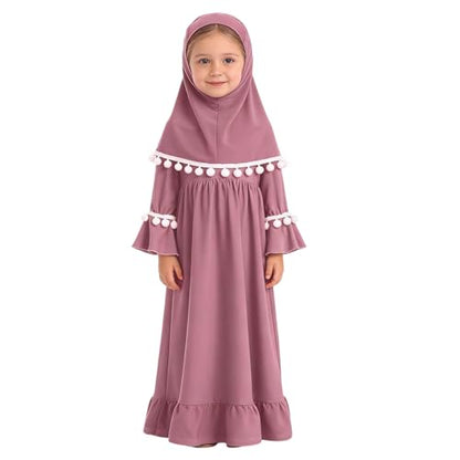 Muslim Prayer Dress 2 Piece Set Baby Toddler Long Sleeve Abaya with Hijab Islamic Scarf Kaftan Robe Ramadan Outfit - color: Hot Pink, size: 0-6 Months