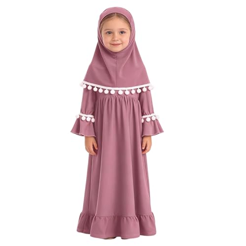 Muslim Prayer Dress 2 Piece Set Baby Toddler Long Sleeve Abaya with Hijab Islamic Scarf Kaftan Robe Ramadan Outfit - color: Hot Pink, size: 6-7 Years