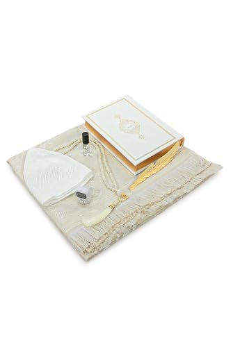 ihvan online, Muslim Prayer Rug Set, Arabic Quran, Prayer Beads, Mens Kufi Hat, Tasbeeh Counter, Islamic Scent, Dowry Gift Box for Men & Women, Janamaz, Salah Mat Gifts Set Wedding, Ramadan, White - color: White