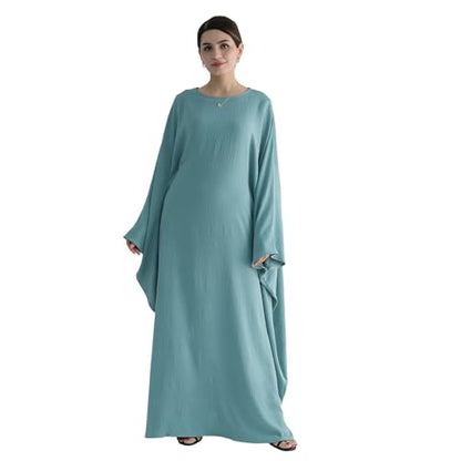 Abaya 무슬림 여성용 드레스 배트윙 슬리브 루즈핏 맥시 겸손한 이슬람 의류 히잡 스카프 포함 기도 드레스 - color: 연한 녹색.