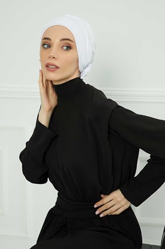Aisha's Design Instant Turban Head Wraps for Women, Combed Cotton Scarf Lightweight Pre tied Hijab with Back Rose Detail - color: White