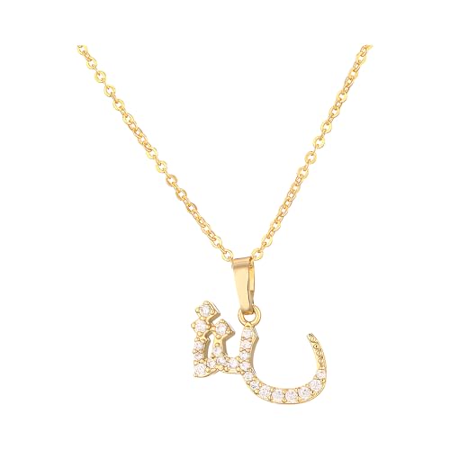 Pendant Necklace for Women, Gold Tone Arabic Letter Pendant with Zircon, 19.7 in Chain, 0.6 x 0.4 in Initial Necklace, Copper Jewelry for Daily Wear, Birthday Present