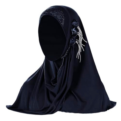 Women Soft One Piece Hijab Long Muslim Turban Islamic Full Head Scarf - color: 3 Flowers/Navy
