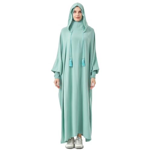 Abaya Muslim Dress Women Prayer Dress Long Sleeve Hooded Loose Maxi Dress Arabian Dubai Islamic Clothes - color: Celadon