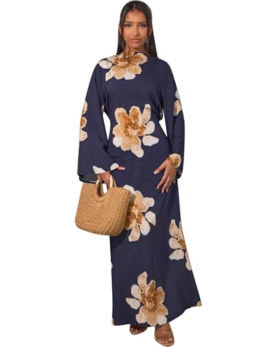 Women Butterfly Abaya Elegant Prayer Dress with Bell Sleeve, Waist Tie, Stylish Floral Printed Maxi Robe - color: Navy, size: Medium