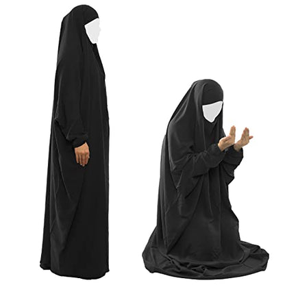 Lenmipot Muslim Prayer Dress Islamic Jilbab Eid Formal Gown 1 Piece Saudi Loose Covered Dress - color: Black, size: Free size