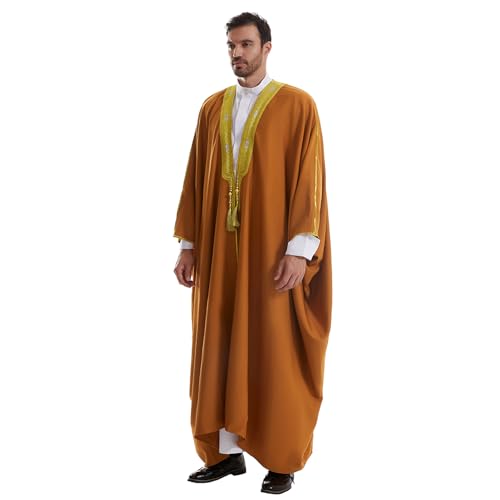 Muslim Men Thobe Thick Golden Tassel Muslim Prayer Cardigan Eid Open Abaya - color: Camel, size: Medium