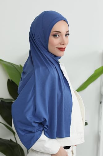 Aisha's Design Jersey Shawl for Women Instant 95% Cotton Modesty Turban Cap Hat Head Wrap Cotton Scarf - color: Indigo