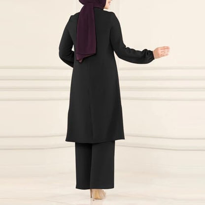 Abayas 여성용 드레스 무슬림 긴소매 루즈 탑 팬츠 2피스 두바이 이슬람 무슬림 여성용 매칭 세트 - color: 블랙 B, size: 3X-Large