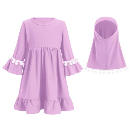 IWEMEK Infant Baby Girl Prayer Dress Kids Muslim Clothes for Toddler Girls Abaya with Hijab Ruffle Islamic Eid Ramadan Outfit - color: Lavender, size: 6-12 Months