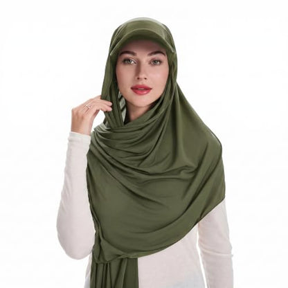 ZLYC Women Muslim Hijab Scarf with Visor Built-in Undercap Sun Protection Headwrap - color: Solid Army Green