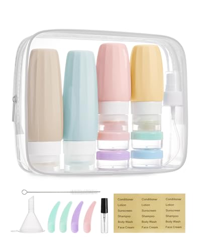 BAGSMART 18 Pack TSA Approved Travel Bottles for Toiletries, Leak Proof Silicone Travel Size Containers Bottles for Shampoo, Soft Pastel - color: Soft Pastel-3, style: 18 Pack Travel Bottle Set