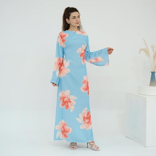 FYMNSI Womens Muslim Dresses Bell Sleeve Floral Butterfly Abaya Modest Dubai Kaftan Islamic Dress Eid Ramadan Prayer Clothes - color: Light Blue, size: X-Large