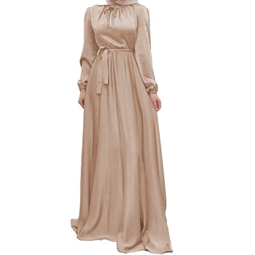 JEKE-DG Women Long Sleeve Maxi Dress Elegant Formal Loose Clothes Full Cover Arabian Robe Prayer Clothes with Belt (Large,Apricot)