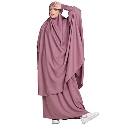 Women Muslim 2 Set Solid Color Plus Long Sleeve Thobe One-size Longuette Overall Abaya Thobe with Hoodied Hijab - color: Purple