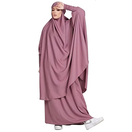Women Muslim 2 Set Solid Color Plus Long Sleeve Thobe One-size Longuette Overall Abaya Thobe with Hoodied Hijab - color: Purple