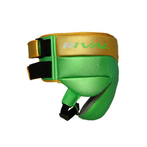 RIVAL Boxing RNFL100 Professional No-Foul Groin Protector with Dual Waist Straps, Hook and Loop Closures, Ultra-Lightweight Construction, and Super-Rich Microfibre PU - color: Green/Gold, size: Large