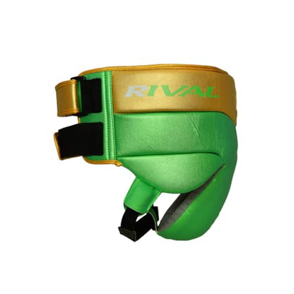 RIVAL Boxing RNFL100 Professional No-Foul Groin Protector with Dual Waist Straps, Hook and Loop Closures, Ultra-Lightweight Construction, and Super-Rich Microfibre PU - color: Green/Gold, size: Large