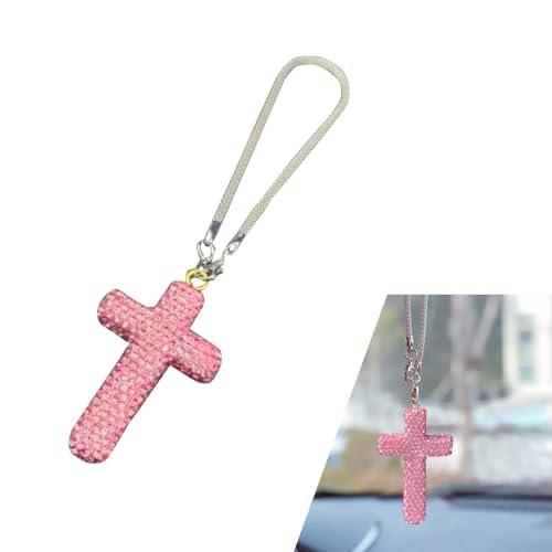 Bling Cross Car Hanging Accessories, Crystal Rhinestone Rear View Mirror Pendant, Religious Rearview Mirrors Decoration Charm, Car Hanging Ornament, Automotive Interior Accessories (Pink) - color: Pink