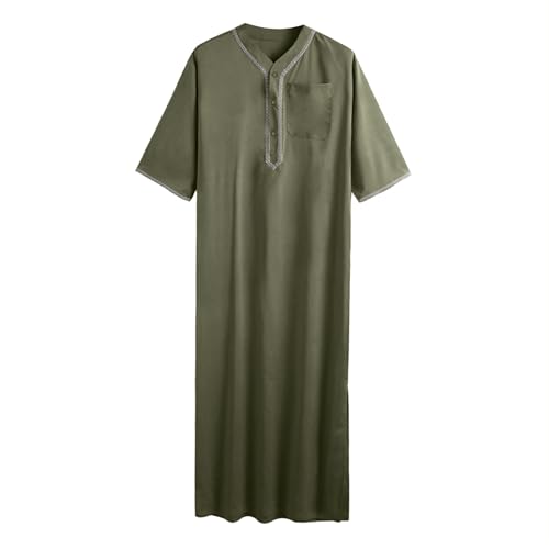 Thobe for Men Muslim Islamic Robe Kaftan Long Sleeve Jubba Arabic Dress Ramadan Eid Traditional Gown A14 - color: Green, size: X-Large
