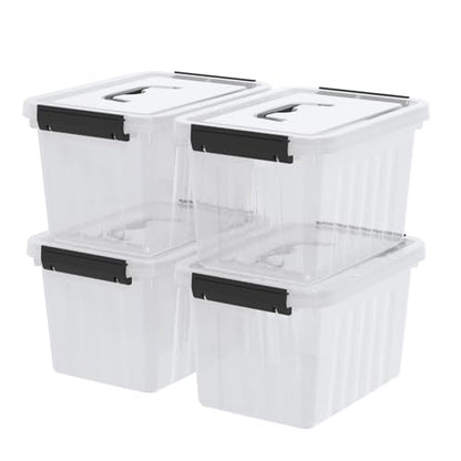 Kekow 6 L Clear Storage Box, Plastic Storage Latch Box with Black Handle, 4-Pack - size: 6 L