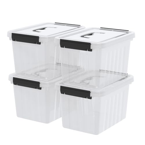 Kekow 6 L Clear Storage Box, Plastic Storage Latch Box with Handle, 4-Pack | Clear Design, Locking Latch Lid, Black Handle, Sturdy Plastic, Multi-Purpose Storage Bin, for Small Items Crafts Stationery - size: 6 L