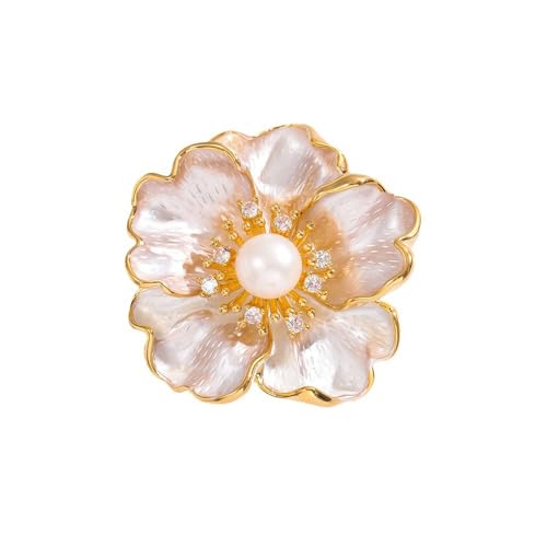14K Gold Peony Flower Brooch with Freshwater Pearls - Elegant Red Rose Inspired Pin, Ideal for Formal & Bridal Wear, Unique Gift for Her - color: white