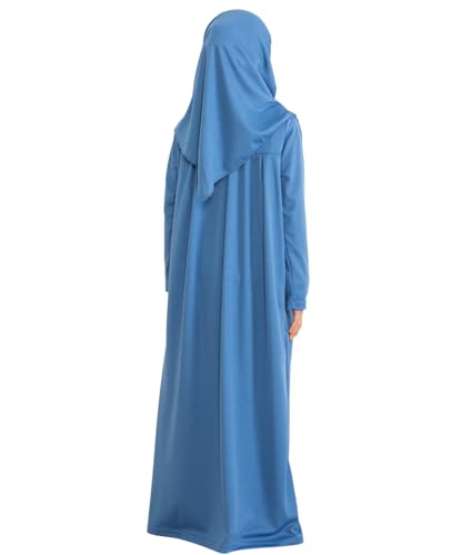 Prien Kids Prayer Dress Muslim Clothes for Girls Long Sleeve Abaya with Hijab Two Piece Maxi Islamic Set Scarf Kaftan Jilbab - color: Indigo