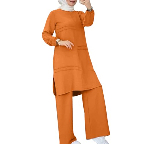 Abayas Dress For Women Muslim Long Sleeve Loose Top Pants 2 Pcs Dubai Islamic Muslim Women Matching Sets - color: Orange Cc, size: Small