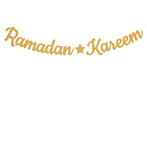 Ramadan Kareem Banner Eid Mubarak Decorations, Muslin Eid Party Decorations, Muslim Ramadan Mubarak Party Decorations (Gold)