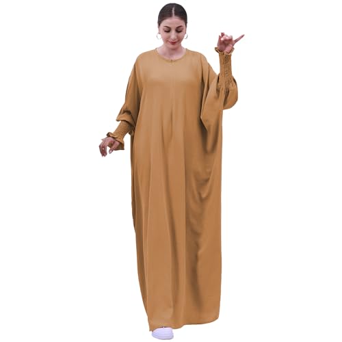 khalat Womens Muslim Prayer Dress Front Zipper Kaftan Islamic Robe Modest Solid Abayas for Women Muslim - color: Khaki