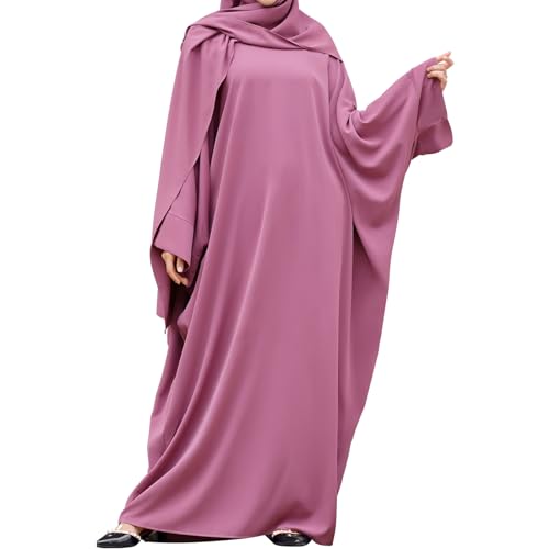 IDOPIP Abayas for Women Muslim Dress with Hijab, One-Piece Long Sleeve Islamic Prayer Dress with Khimar Jilbab Kaftan Clothes - color: Purple (1pc Dress Only)