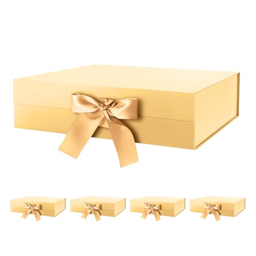 HAPPY POTATO 5 Large Gift Boxes with Ribbon 13.5x9x4.1 Inches, Gold Boxes with Lids, Bridesmaid Proposal Boxes, Magnetic Gift Boxes for presents (Glossy Gold, Pack of 5) - color: Gold-Ribbon-13.5x9x4.1 Inches-Pack of 5