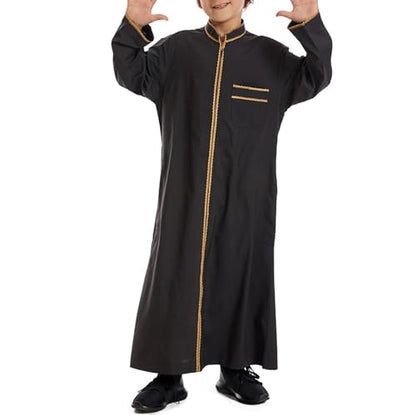 Muslim Abaya Islamic Thobe for Boys Long Sleeve Solid Festive Clothes Teen Kids Cozy Ramadan Prayer Thobe with Pocket - color: Black, size: 7-8 Years