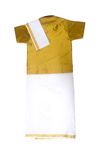Chandrakala Boys Silk Blend Shirt with Kasavu Mundu, Dupatta & Dhoti Set | Kids Indian Traditional Party Wear(KB101) - color: Mustard Gold, size: 3-4T