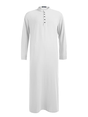 Jacansi Men's Muslim Buttoned Thobe Long Tunic, Oversized & Extra Long, Arabic Style with Pockets - color: White, size: Medium