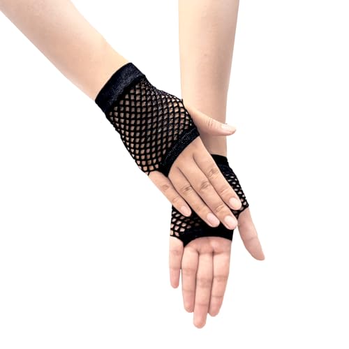 Short Fishnet Gloves for Women Fingerless Mesh Fishing Net Gloves 80s Fish Net Arm Sleeves Halloween Party Cosplay Costume - color: Black