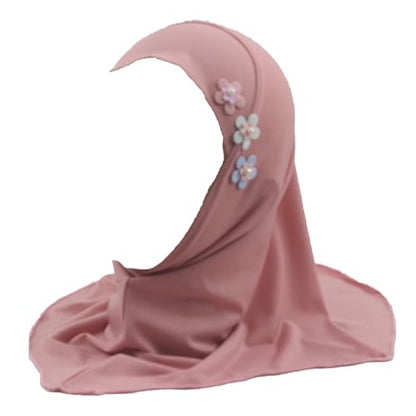 Girls Muslim Hijab Arab Scarf Islamic Headscarf for Kids with 3 Flowers - color: Dark Pink-3 Flowers