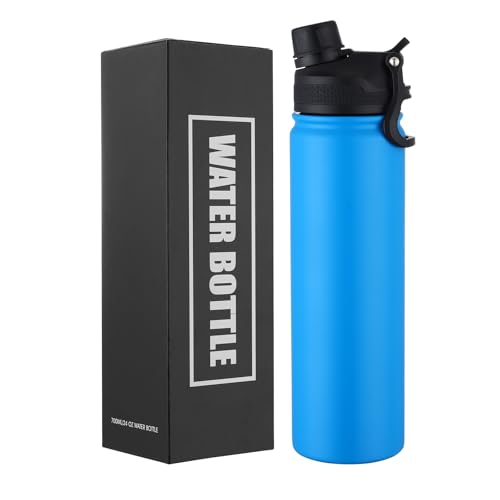 Insulated Water Bottle 24oz, Stainless Steel Double Wall Vacuum Sports Flask with 2-in-1 Straw & Chug Lid, BPA-Free, Leak Proof, Keeps Cold 24H for Travel Gym School - color: Blue 750